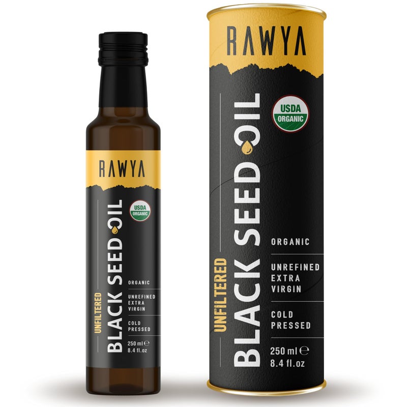 RAWYA Black Seed Oil Unfiltered Full Spectrum 84 fl oz Organic ColdPressed Nigella Sativa USDA Organic Natural Supplement Black Cumin Seed Oil Strong Flavor High Concentration Glass Bottle
